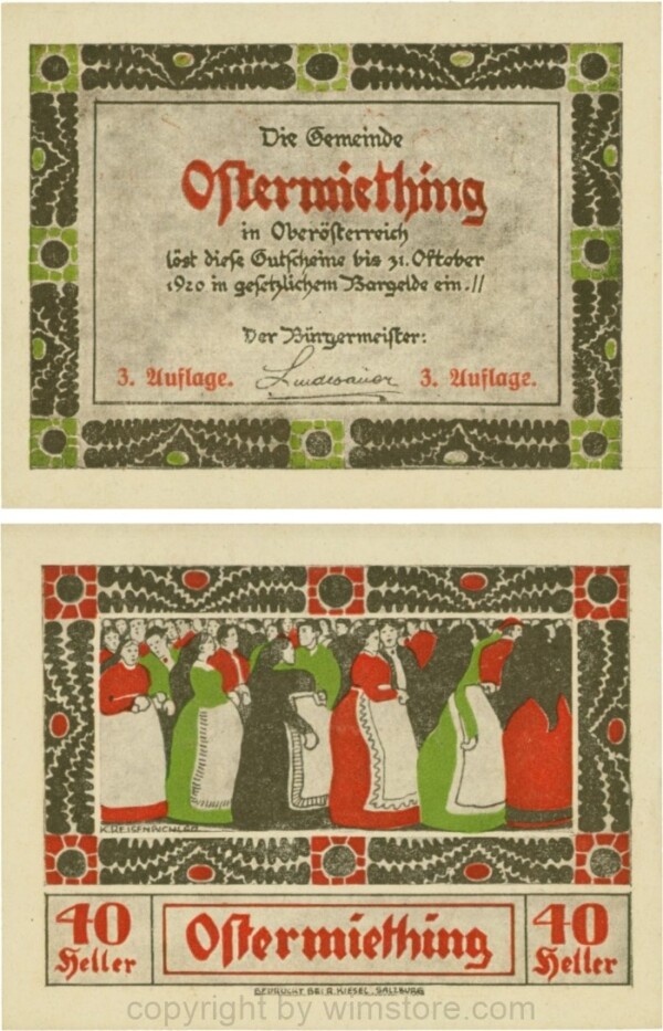 Ostermiething, G0713-1-Ik, 40 Heller, braune Umrahmung der Textseite, 3. Auflage; 1