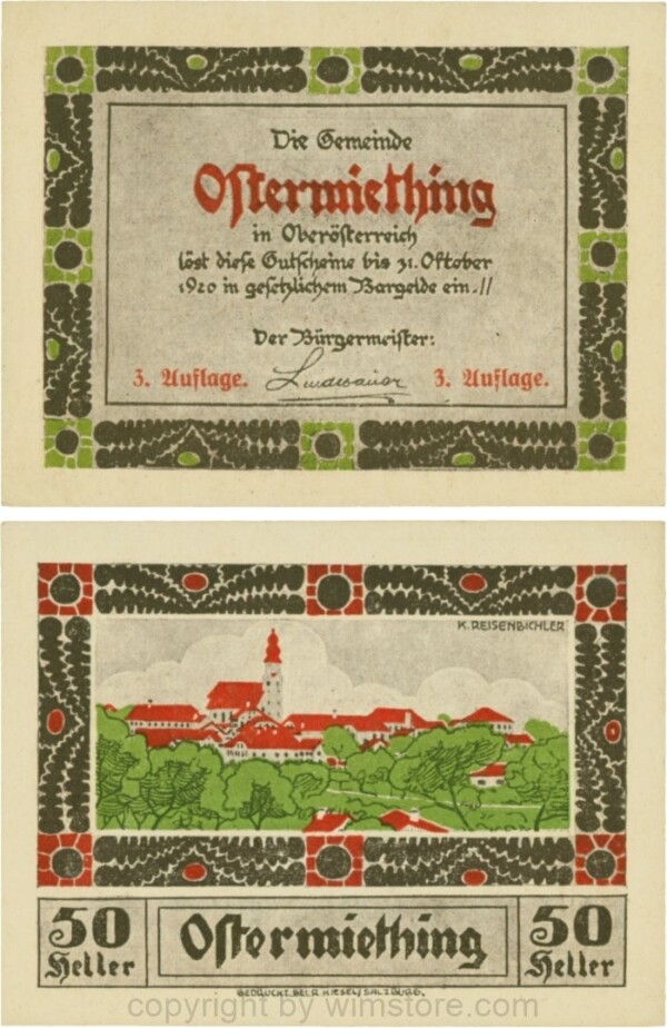 Ostermiething, G0713-1-Ik, 50 Heller, braune Umrahmung der Textseite, 3. Auflage; 1-