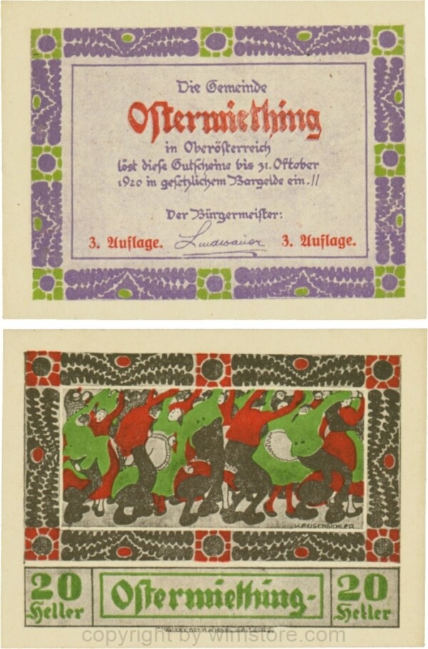 Ostermiething, G0713-1-Il, 20 Heller, violette Umrahmung der Textseite, 3. Auflage; 1