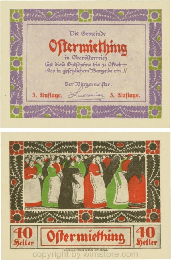 Ostermiething, G0713-1-Il, 40 Heller, violette Umrahmung der Textseite, 3. Auflage; 1