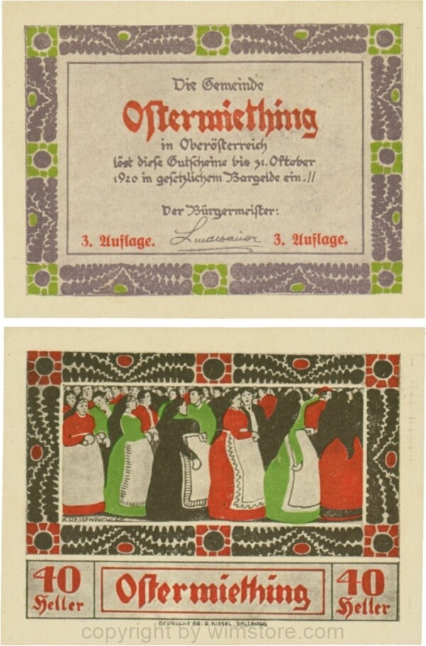 Ostermiething, G0713-1-Il, 40 Heller, violette Umrahmung der Textseite, 3. Auflage; 1-