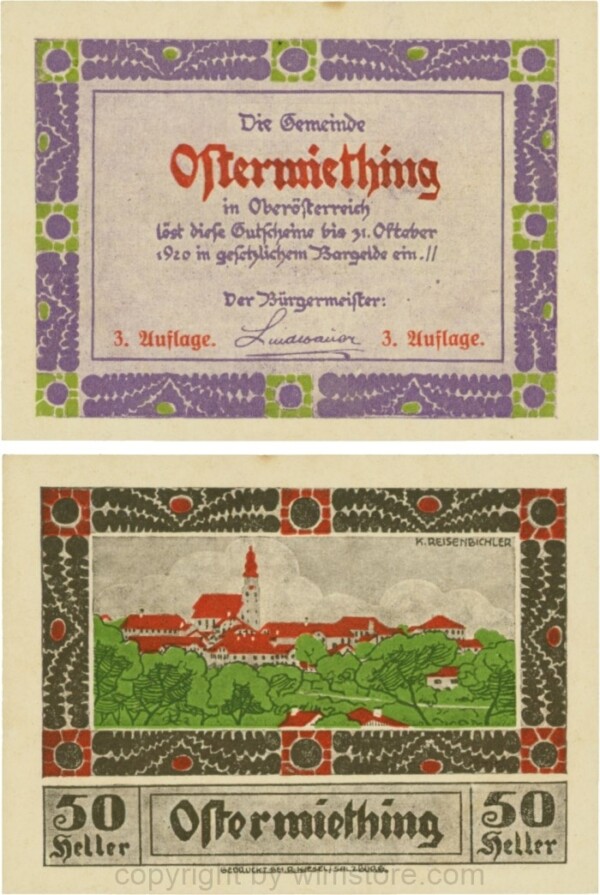 Ostermiething, G0713-1-Il, 50 Heller, violette Umrahmung der Textseite, 3. Auflage; 1-