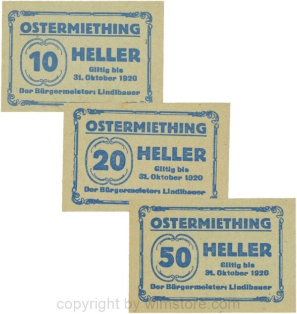 Ostermiething, G0713-2-Ilb, Serie 10, 20 und 50 Heller, Papier grau; 1-