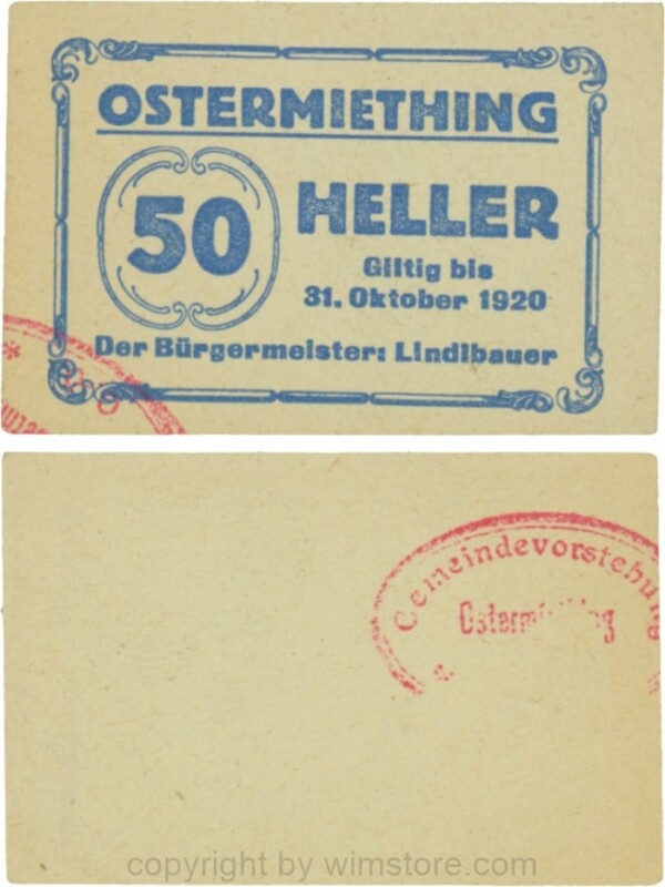 Ostermiething, G0713-2-Ilc, 50 Heller, Papier grau, Gemeindestempel; 1-