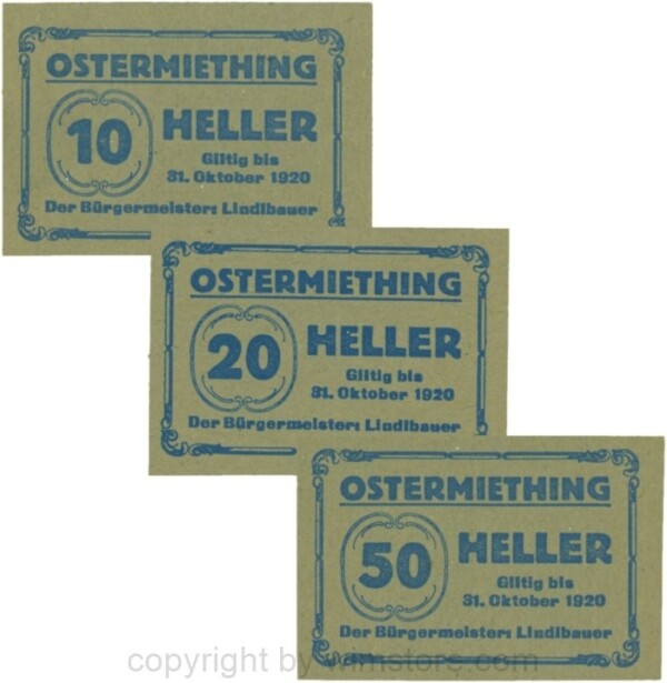 Ostermiething, G0713-2-Ilh, Serie 10, 20 und 50 Heller, Papier olivgrün; 1