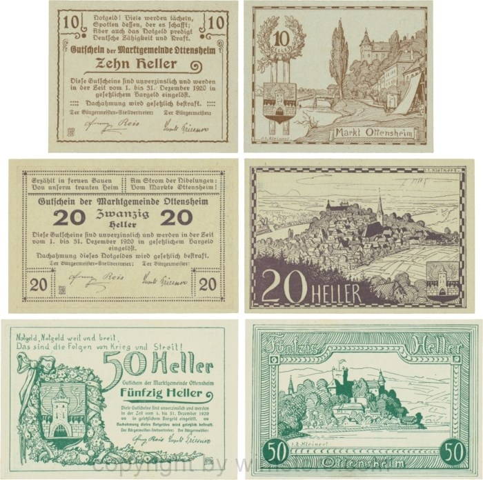 Ottensheim, G0717a, Serie 10, 20 und 50 Heller; 1-