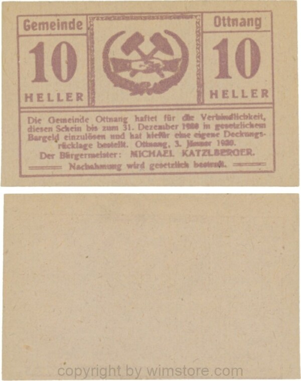 sn110071 Ottnang, G0718a, 10 Heller; 1