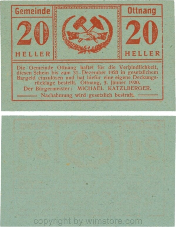 Ottnang, G0718a, 20 Heller, Druck rot; 1