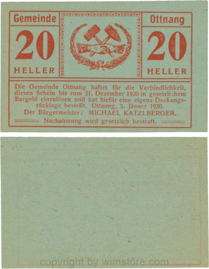 Ottnang, G0718a, 20 Heller, Druck rot; 1-
