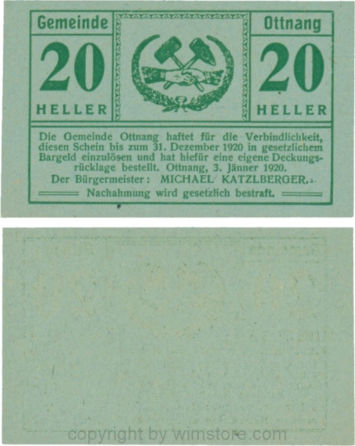 Ottnang, G0718a, 20 Heller, Druck grün; 1