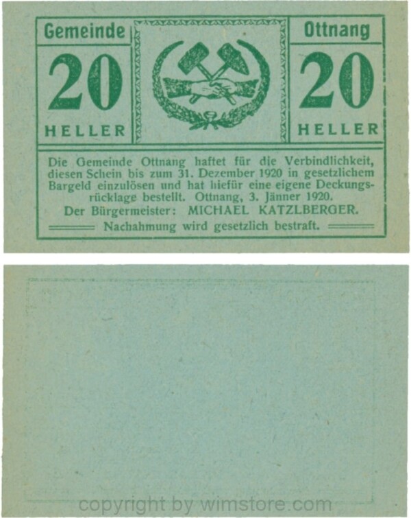 Ottnang, G0718a, 20 Heller, Druck grün; 1-