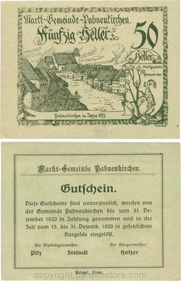 Pabneukirchen, G0719d1, Marktgemeinde, 50 Heller, ohne Unterdruck, A. URMANN = 6,3 mm; 1-