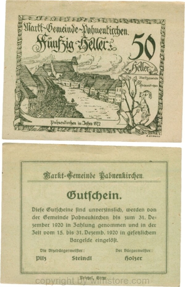 Pabneukirchen, G0719d2, Marktgemeinde, 50 Heller, ohne Unterdruck, A. URMANN = 7,5 mm; 1-