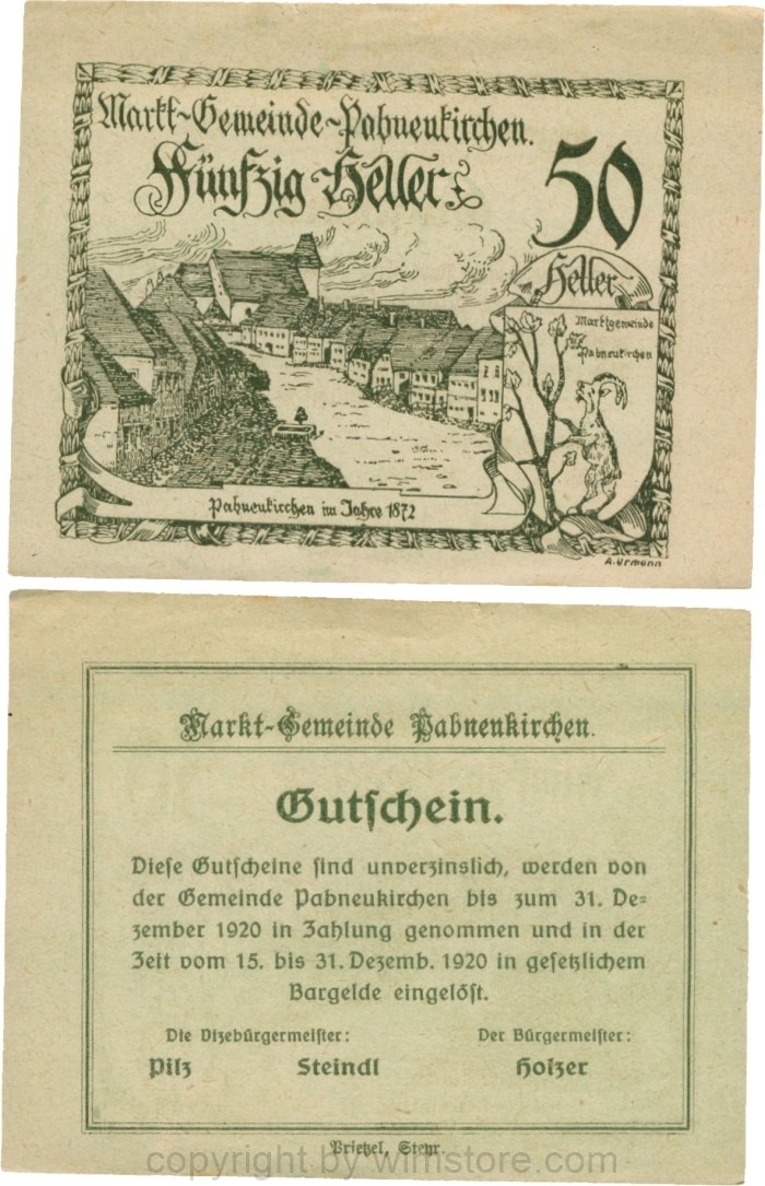Pabneukirchen, G0719d2, Marktgemeinde, 50 Heller, ohne Unterdruck, A. URMANN = 7,5 mm; 1-