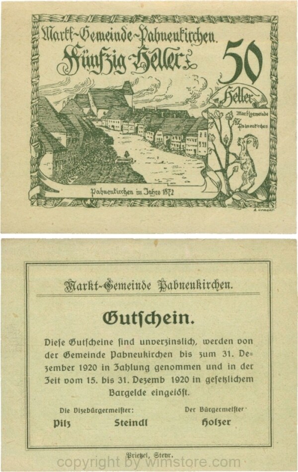 Pabneukirchen, G0719d3, Marktgemeinde, 50 Heller, ohne Unterdruck, A. URMANN = 6,75 mm, bei Bürgermeister nur der obere Punkt vorhanden; 1-