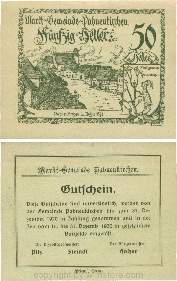 Pabneukirchen, G0719d3, Marktgemeinde, 50 Heller, ohne Unterdruck, A. URMANN = 6,75 mm, bei Bürgermeister nur der obere Punkt vorhanden; 1-