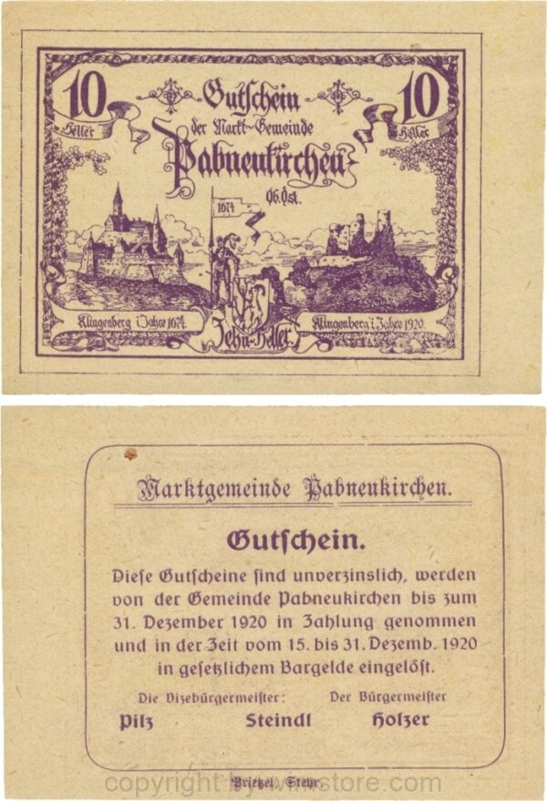 Pabneukirchen, G0719e, Marktgemeinde, 10 Heller, Bürgermeister ohne Doppelpunkt; 1