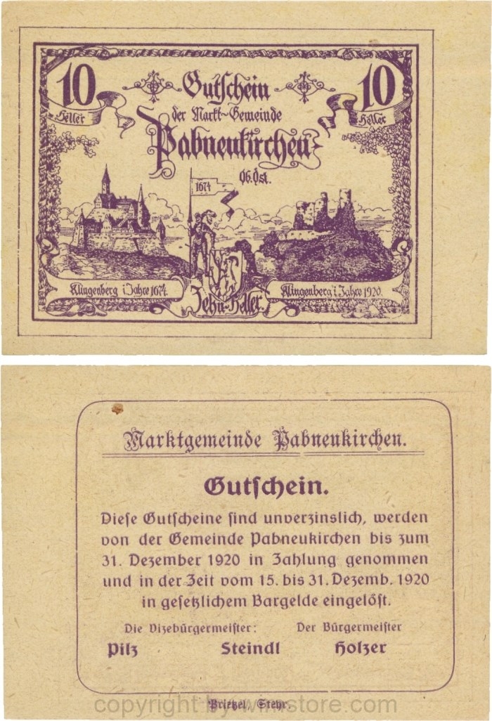 Pabneukirchen, G0719e, Marktgemeinde, 10 Heller, Bürgermeister ohne Doppelpunkt; 1