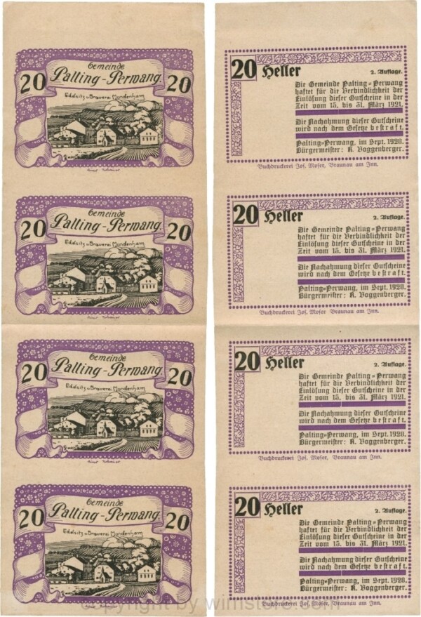 Palting-Perwang, G0720Ib17, Gemeinde, 20 Heller, Bogen mit 4 Exemplare, Schein 17, Verziehrung 2; II, einmal gefaltet