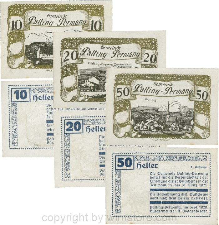 Palting-Perwang, S0720IIe, Gemeinde, Serie 10, 20 und 50 Heller, Vs. Blau, Rahmen gold, Bild schwarz; 1-, Stockflecke