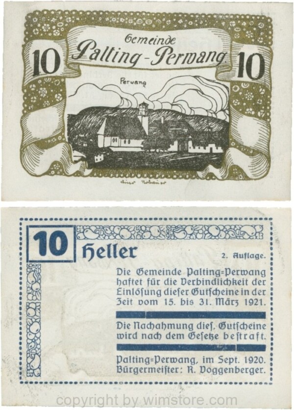 Palting-Perwang, S0720IIe, Gemeinde, 10 Heller, Vs. Blau, Rahmen gold, Bild schwarz; 1