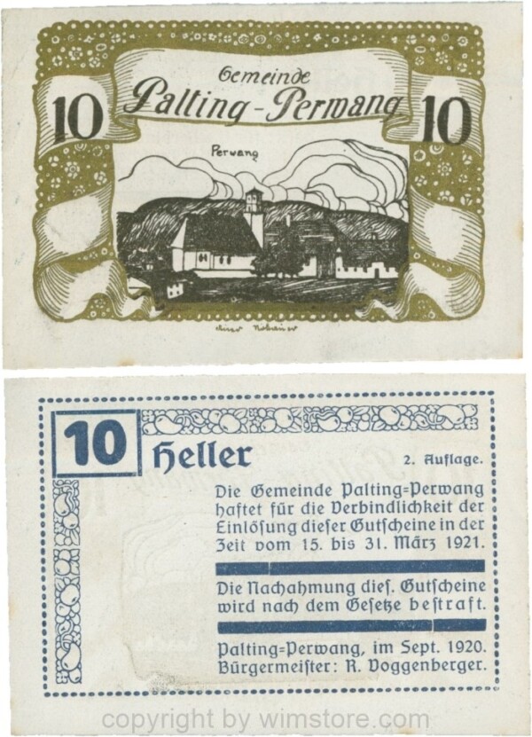 Palting-Perwang, S0720IIe, Gemeinde, 10 Heller, Vs. Blau, Rahmen gold, Bild schwarz; 1-, Stockflecke