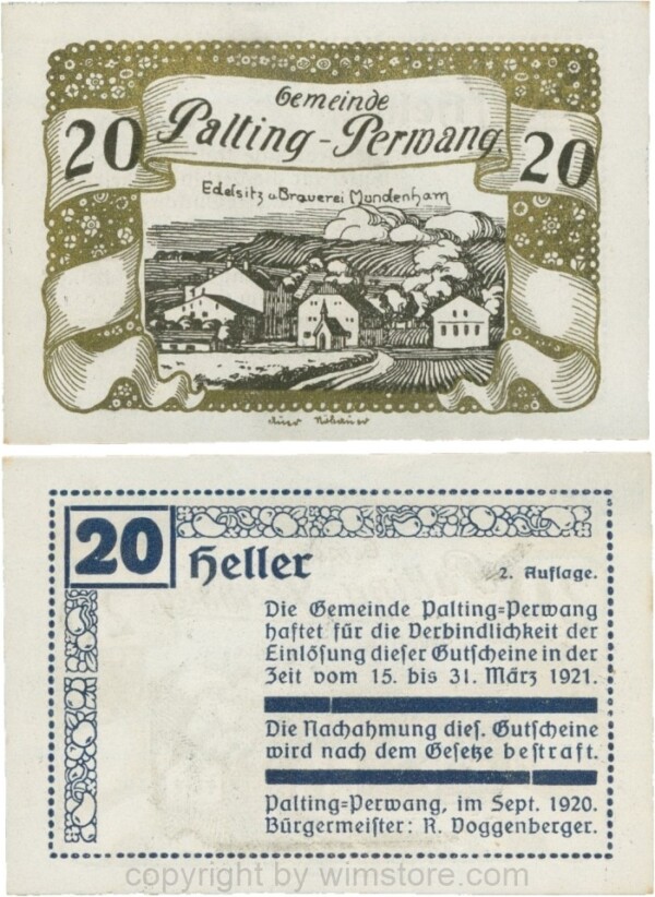 Palting-Perwang, S0720IIe, Gemeinde, 20 Heller, Vs. Blau, Rahmen gold, Bild schwarz; 1, ggf. winz. Stockflecke