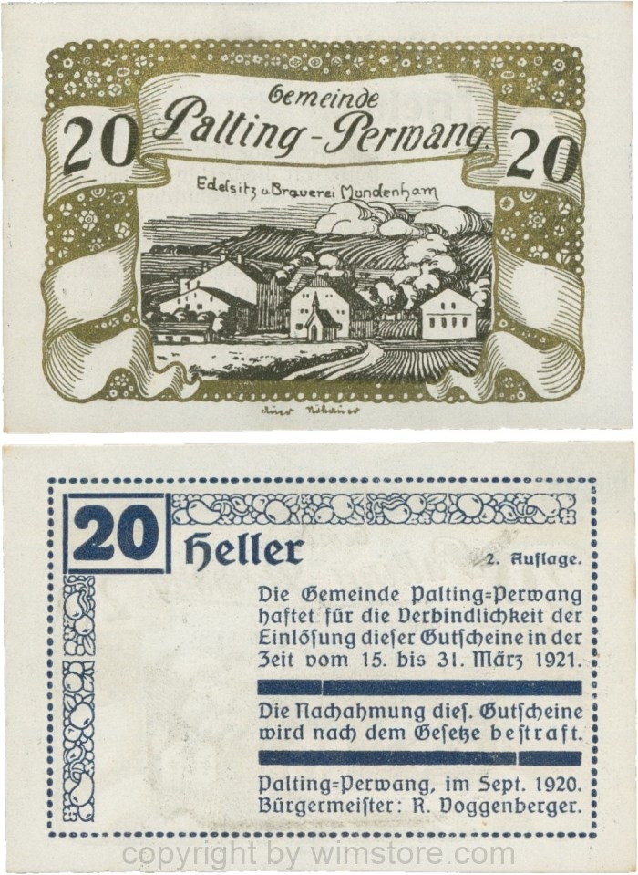 Palting-Perwang, S0720IIe, Gemeinde, 20 Heller, Vs. Blau, Rahmen gold, Bild schwarz; 1, ggf. winz. Stockflecke