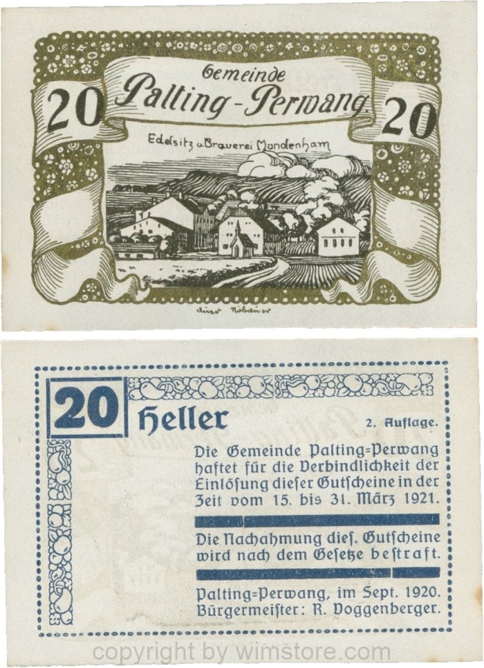 Palting-Perwang, S0720IIe, Gemeinde, 20 Heller, Vs. Blau, Rahmen gold, Bild schwarz; 1-, Stockflecke