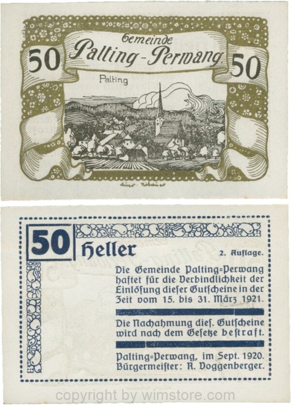 Palting-Perwang, S0720IIe, Gemeinde, 50 Heller, Vs. Blau, Rahmen gold, Bild schwarz; 1, ggf. winz. Stockflecke
