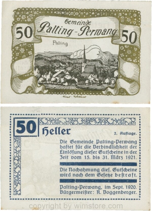 Palting-Perwang, S0720IIe, Gemeinde, 50 Heller, Vs. Blau, Rahmen gold, Bild schwarz; 1-