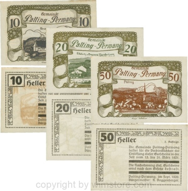 Palting-Perwang, S0720IIn, Gemeinde, Serie 10, 20 und 50 Heller, Vs. schwarz, Rahmen gold, Bilder schwarz, grünbronze und kupfer; 1-, ggf. Stockflecke