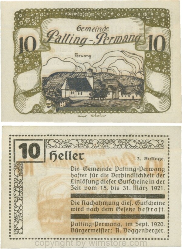 Palting-Perwang, S0720IIn, Gemeinde, 10 Heller, Vs. schwarz, Rahmen gold, Bild schwarz; 1
