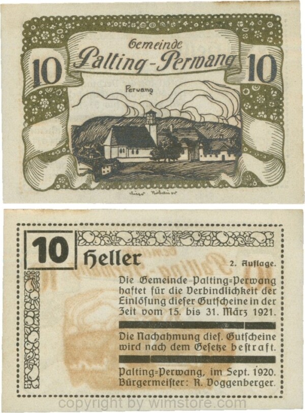 Palting-Perwang, S0720IIn, Gemeinde, 10 Heller, Vs. schwarz, Rahmen gold, Bild schwarz; 1-, Stockflecke