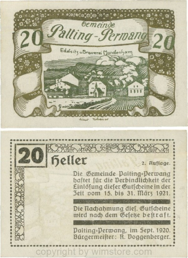 Palting-Perwang, S0720IIn, Gemeinde, 20 Heller, Vs. schwarz, Rahmen gold, Bild grünbronze; 1