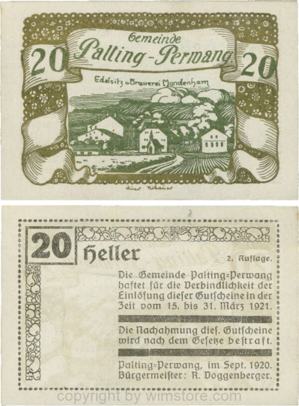 Palting-Perwang, S0720IIn, Gemeinde, 20 Heller, Vs. schwarz, Rahmen gold, Bild grünbronze; 1-, Stockflecke