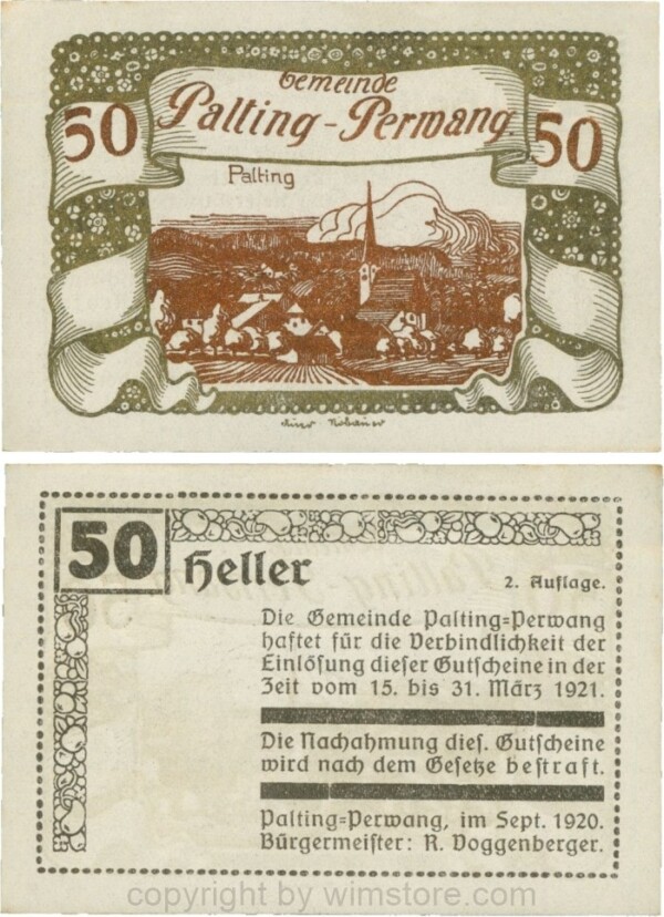 Palting-Perwang, S0720IIn, Gemeinde, 50 Heller, Vs. schwarz, Rahmen gold, Bild kupfer; 1-, Stockflecke
