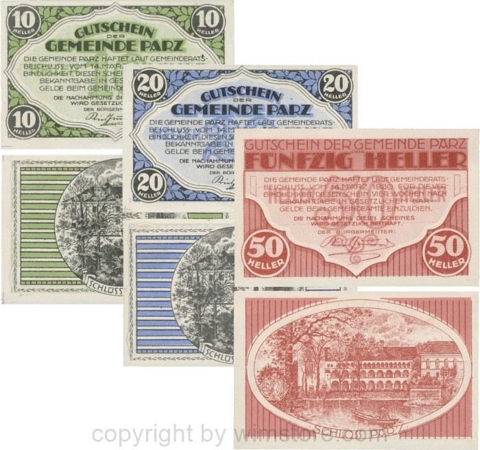 Parz, G0721a, Gemeinde, Serie 10, 20 und 50 Heller; 1