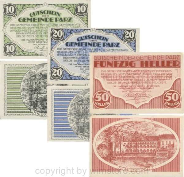 Parz, G0721a, Gemeinde, Serie 10, 20 und 50 Heller; 1-
