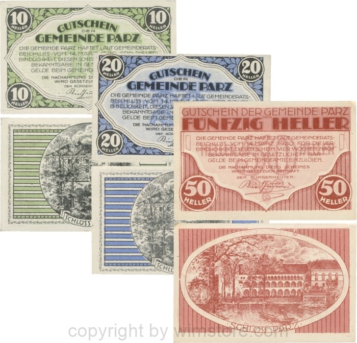 Parz, G0721a, Gemeinde, Serie 10, 20 und 50 Heller; 1-