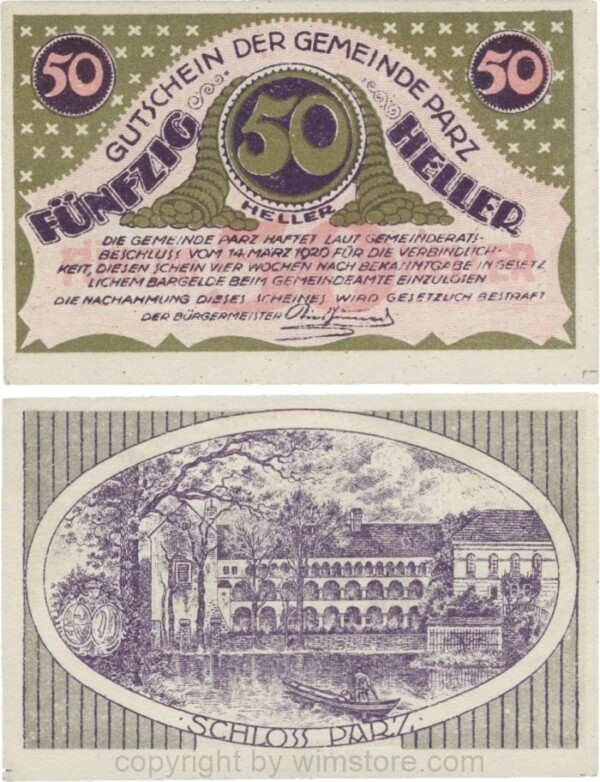 sn110120 Parz, G0721b, Gemeinde, 50 Heller, Golddruck; 1-