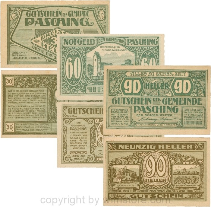Pasching, G0722a, Gemeinde, Serie 30, 60 und 90 Heller; 1-