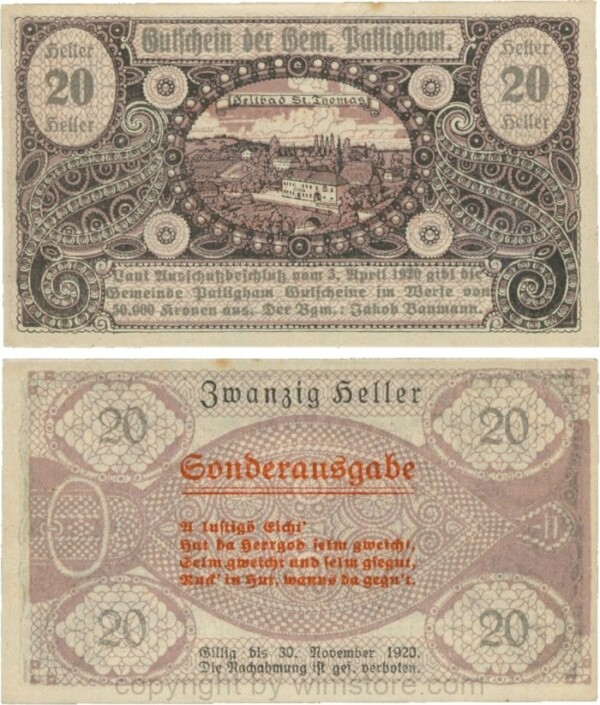 Pattingham, G0723e, Gemeinde, 20 Heller, A lustigö Eicht; 1-, ggf. Stockflecke