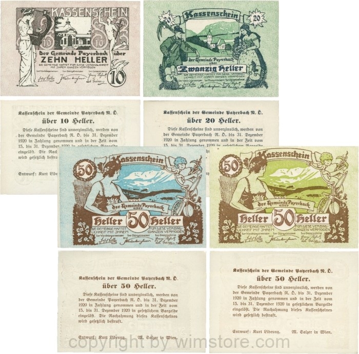 Payerbach, G0725a, Gemeinde, Serie 10, 20, 50 Heller blau und 50 Heller grün; 1