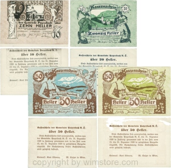 Payerbach, G0725a, Gemeinde, Serie 10, 20, 50 Heller blau und 50 Heller grün; 1-