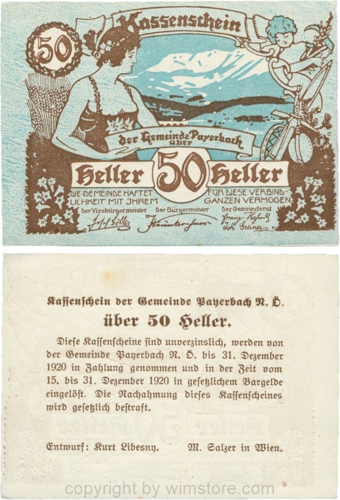 Payerbach, G0725a, Gemeinde, 50 Heller, Unterdruck blau; 1-