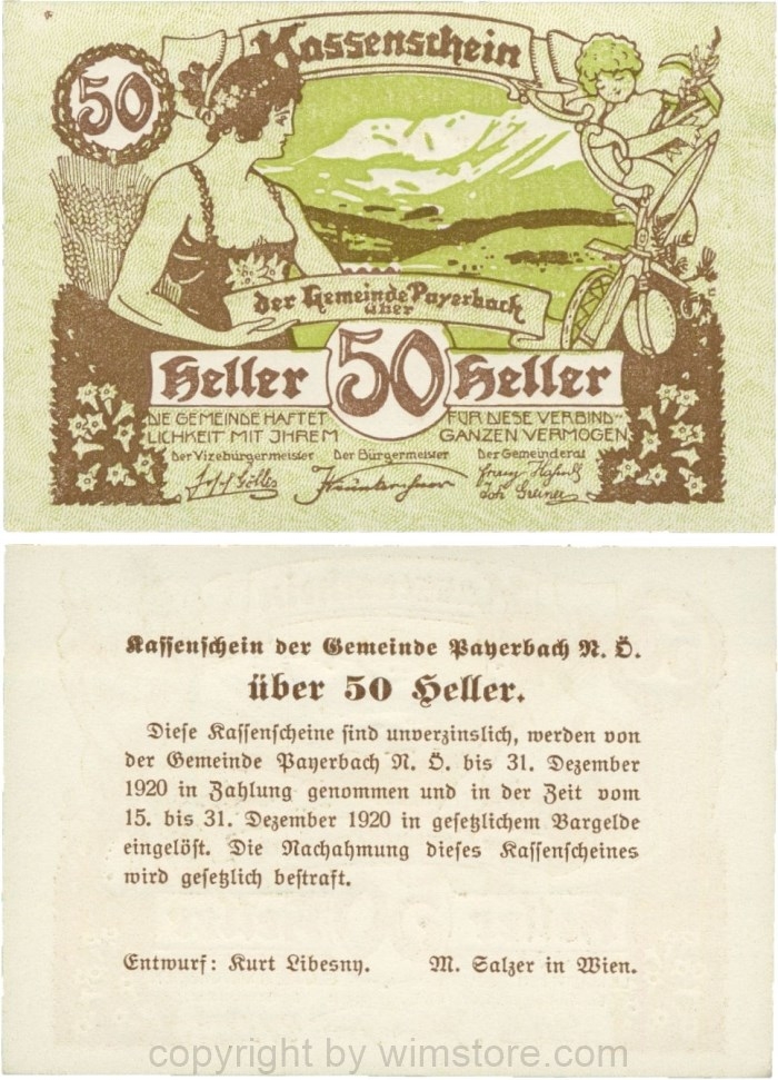 Payerbach, G0725a, Gemeinde, 50 Heller, Unterdruck grün; 1
