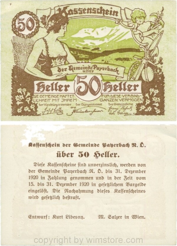 Payerbach, G0725a, Gemeinde, 50 Heller, Unterdruck grün; 1-