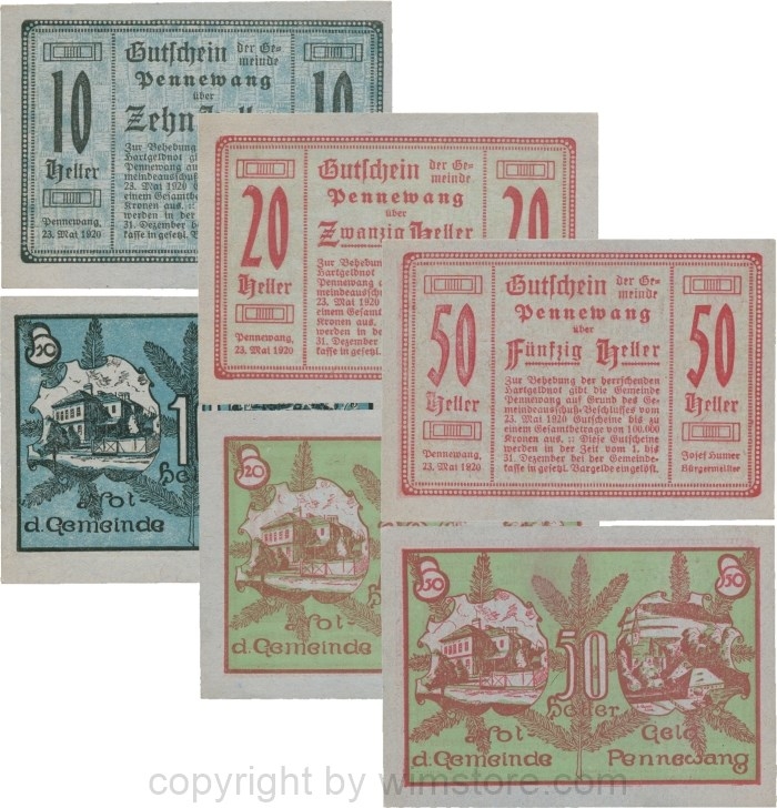 Pennewang, G0727a, Gemeinde, Serie 10, 20 und 50 Heller, Papier blau; 1