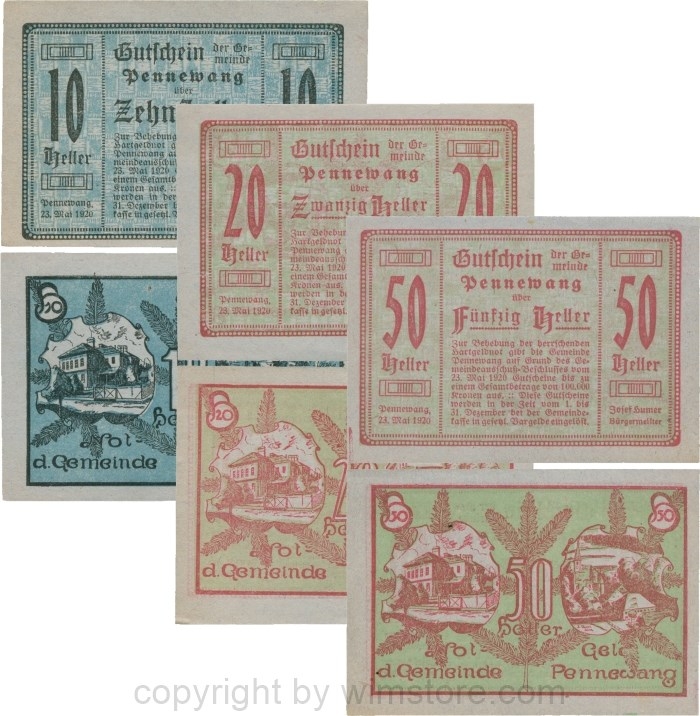 Pennewang, G0727a, Gemeinde, Serie 10, 20 und 50 Heller, Papier blau; 1-